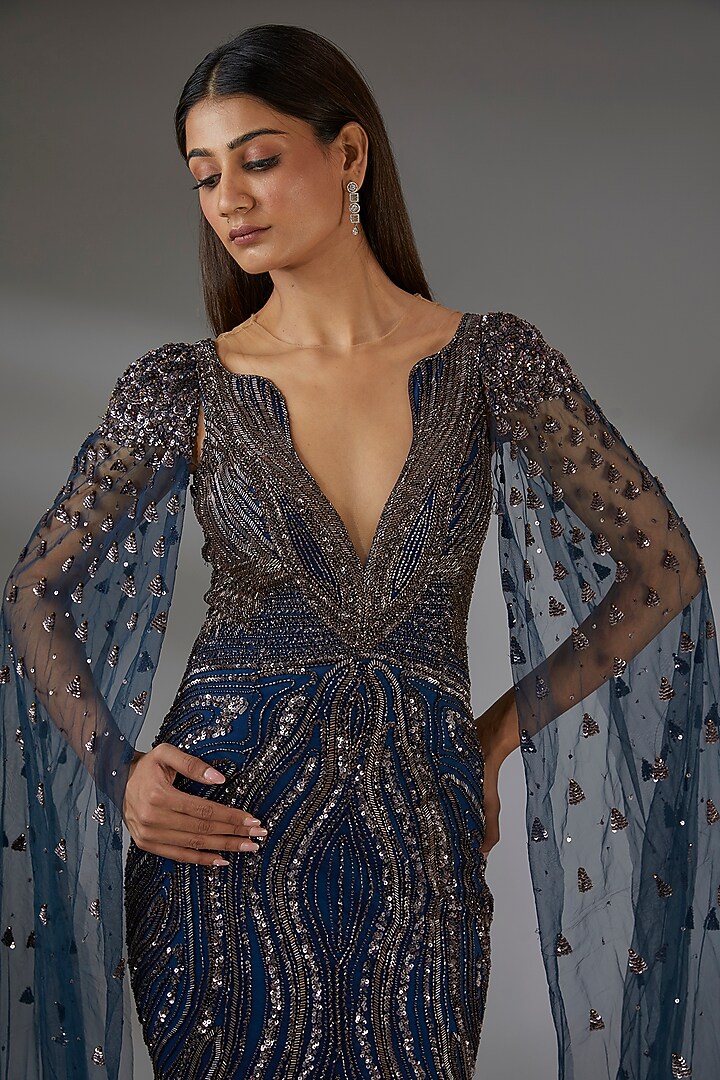 Midnight Blue & Copper Italian Tulle Crystal Embroidered Bridal Gown by Bhawna Rao at Pernia's Pop Up Shop