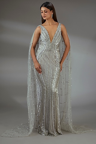 Metallic Lilac Italian Tulle Crystal Embroidered Gown by Bhawna Rao