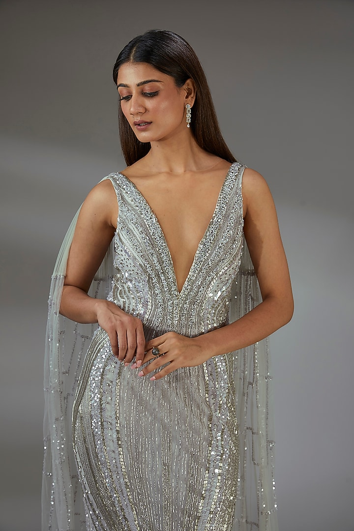 Metallic Lilac Italian Tulle Crystal Embroidered Bridal Gown by Bhawna Rao at Pernia's Pop Up Shop