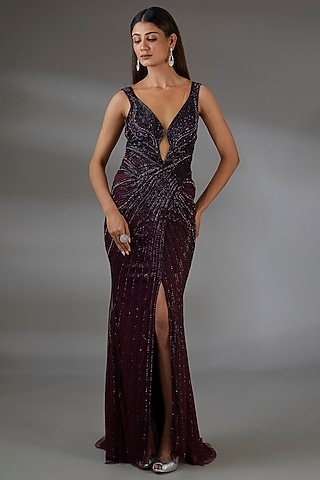 Aubergine Italian Tulle Crystal Hand Embroidered Gown by Bhawna Rao