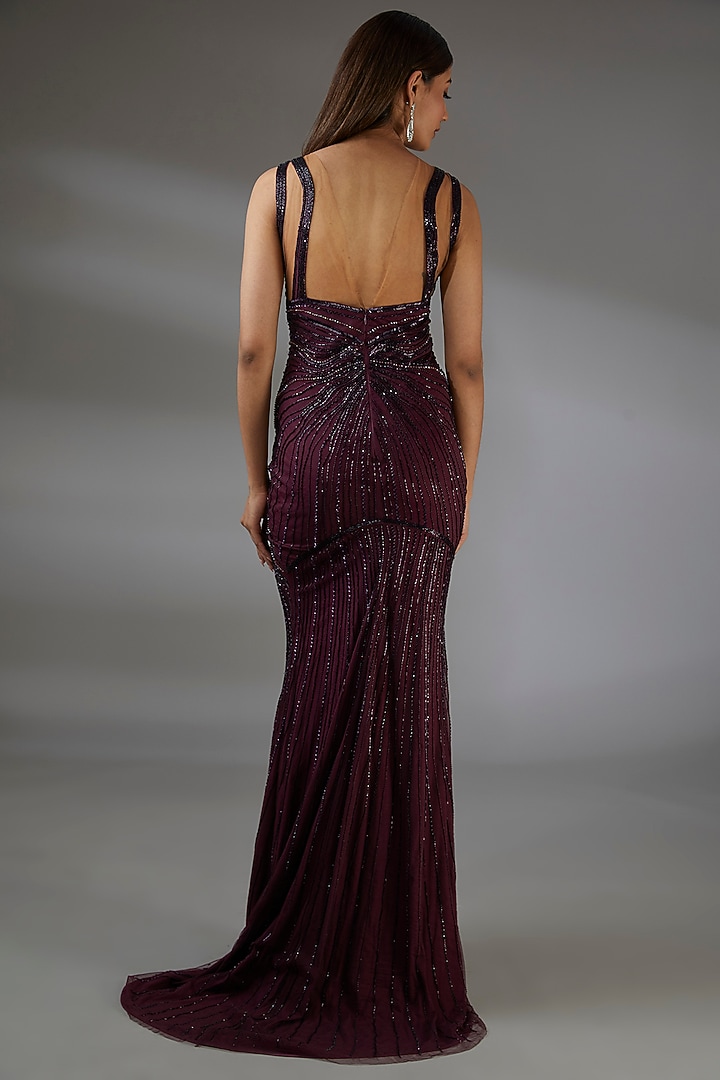 Aubergine Italian Tulle Crystal Hand Embroidered Wedding Gown by Bhawna Rao at Pernia's Pop Up Shop