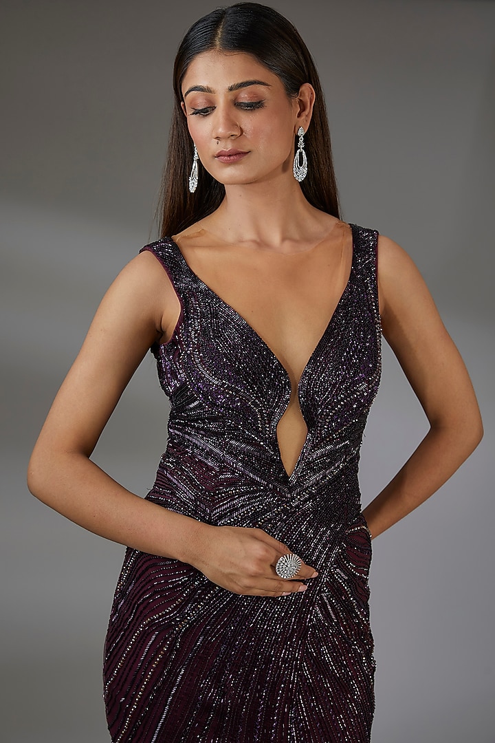 Aubergine Italian Tulle Crystal Hand Embroidered Wedding Gown by Bhawna Rao at Pernia's Pop Up Shop