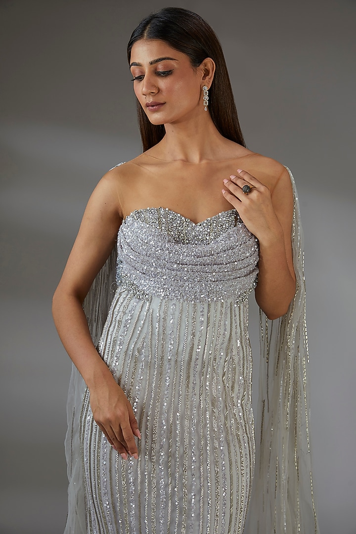 Silver Italian Tulle Crystal Hand Embellished Corset Bridal Gown by Bhawna Rao at Pernia's Pop Up Shop