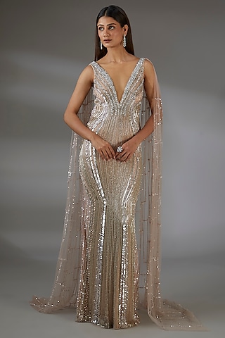 Pink Italian Tulle Crystal Hand Embroidered Gown by Bhawna Rao