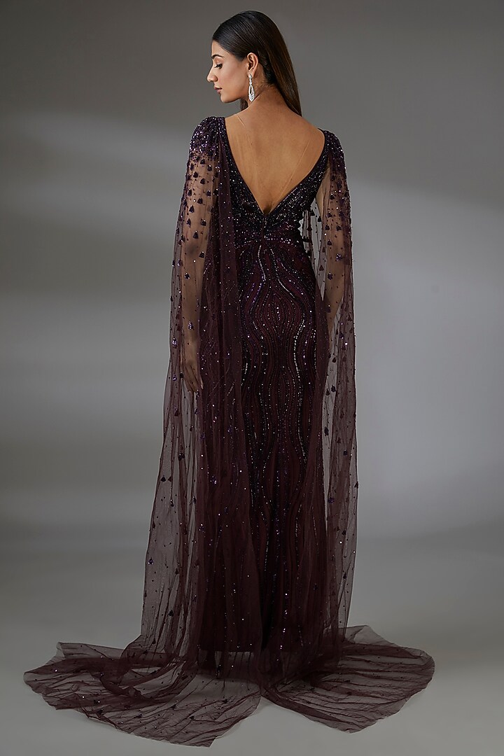 Aubergine Italian Tulle Crystal Hand Embroidered Bridal Gown by Bhawna Rao at Pernia's Pop Up Shop