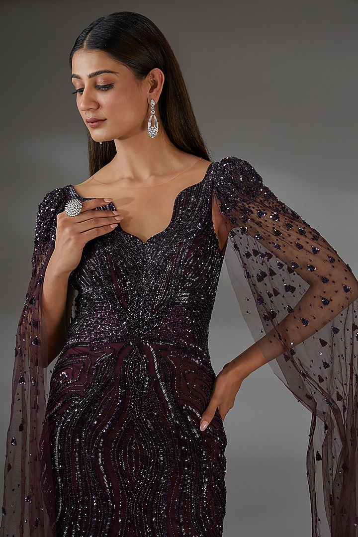 Aubergine Italian Tulle Crystal Hand Embroidered Bridal Gown by Bhawna Rao at Pernia's Pop Up Shop