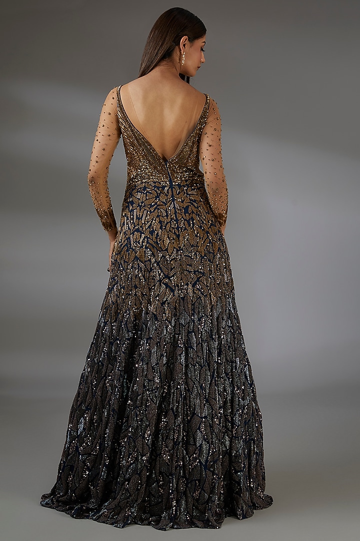 Midnight Blue & Copper Italian Tulle Bead Hand Embroidered Flared Bridal Gown by Bhawna Rao at Pernia's Pop Up Shop
