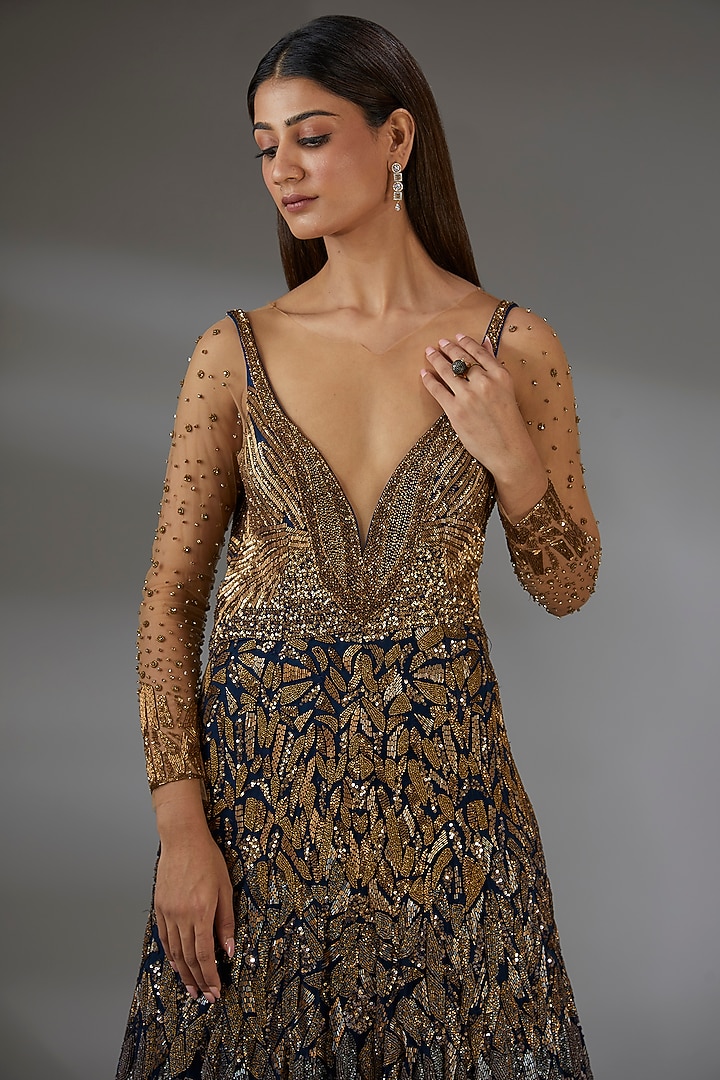 Midnight Blue & Copper Italian Tulle Bead Hand Embroidered Flared Bridal Gown by Bhawna Rao at Pernia's Pop Up Shop