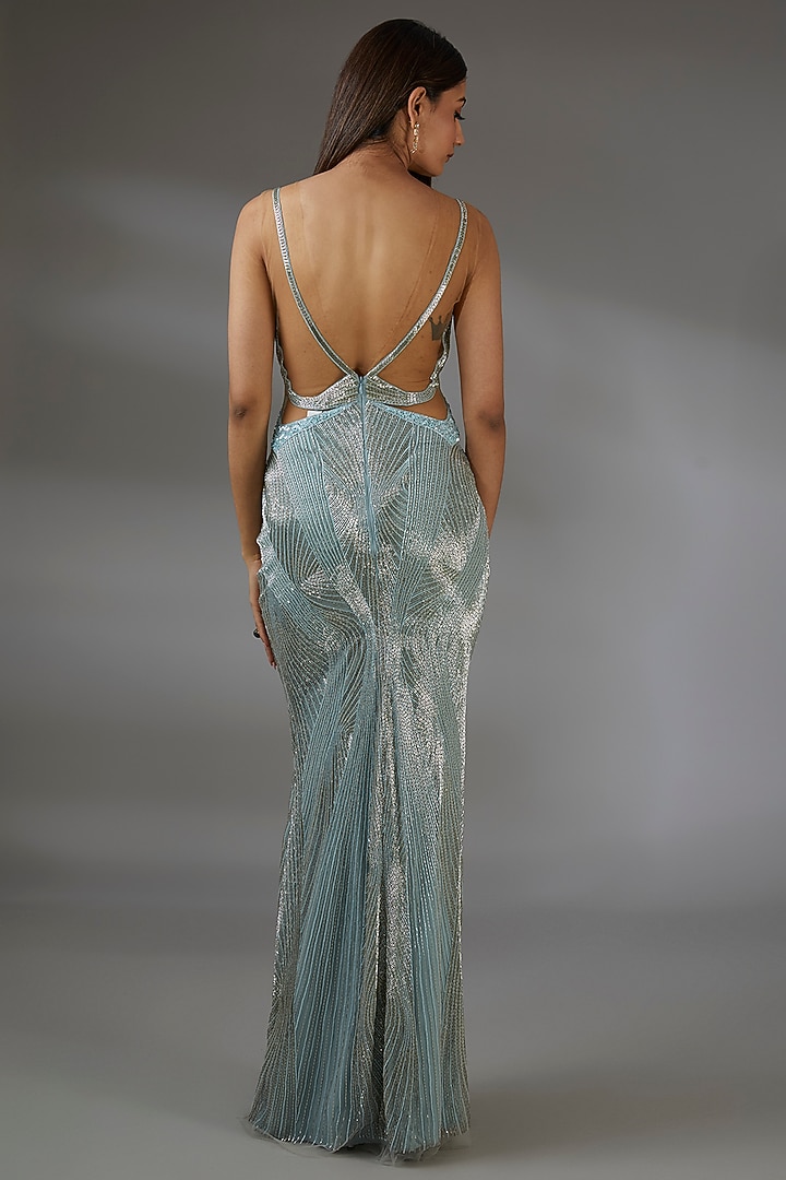 Ice Blue Italian Tulle Bead Hand Embroidered Flared Wedding Gown by Bhawna Rao at Pernia's Pop Up Shop