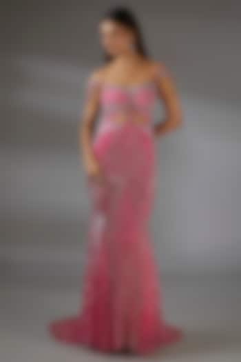 Pink Italian Tulle Bead Hand Embroidered Flared Gown by Bhawna Rao at Pernia's Pop Up Shop