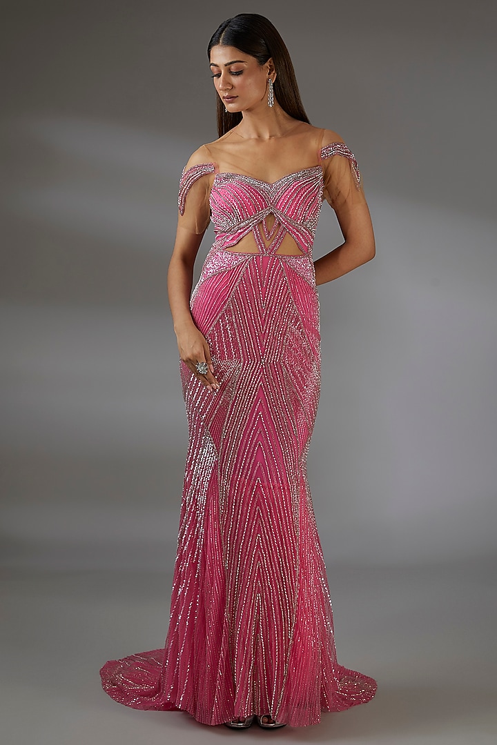 Pink Italian Tulle Bead Hand Embroidered Flared Gown by Bhawna Rao at Pernia's Pop Up Shop