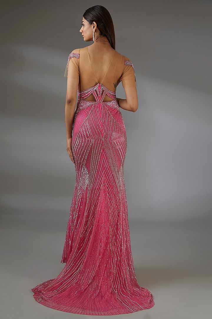 Pink Italian Tulle Bead Hand Embroidered Flared Wedding Gown by Bhawna Rao at Pernia's Pop Up Shop