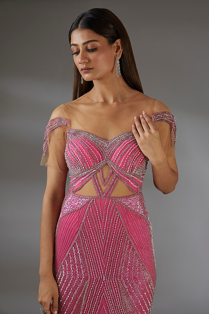Pink Italian Tulle Bead Hand Embroidered Flared Wedding Gown by Bhawna Rao at Pernia's Pop Up Shop
