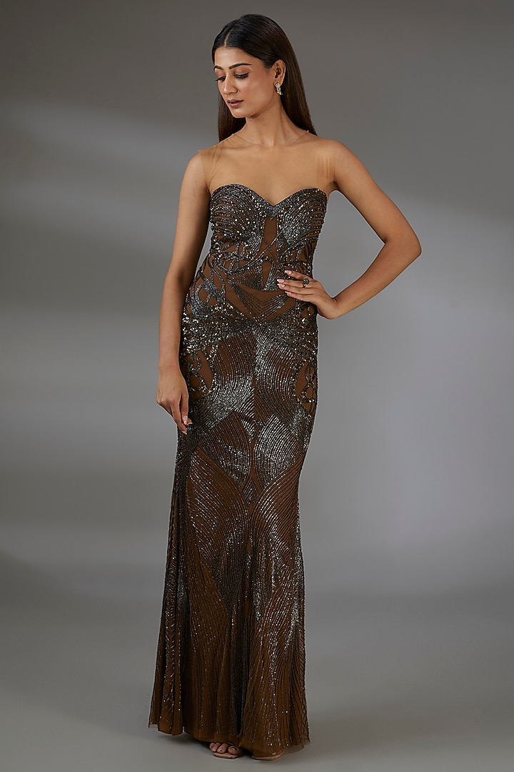 Copper Italian Tulle Sequins Hand Embroidered Flared Gown by Bhawna Rao at Pernia's Pop Up Shop