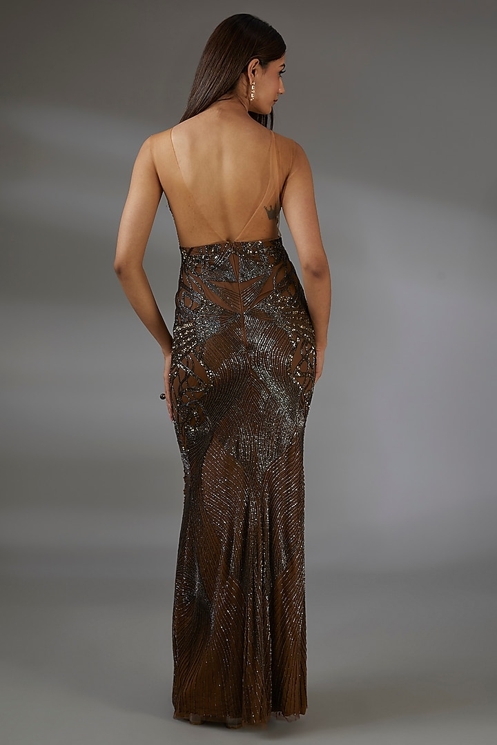 Copper Italian Tulle Sequins Hand Embroidered Flared Wedding Gown by Bhawna Rao at Pernia's Pop Up Shop