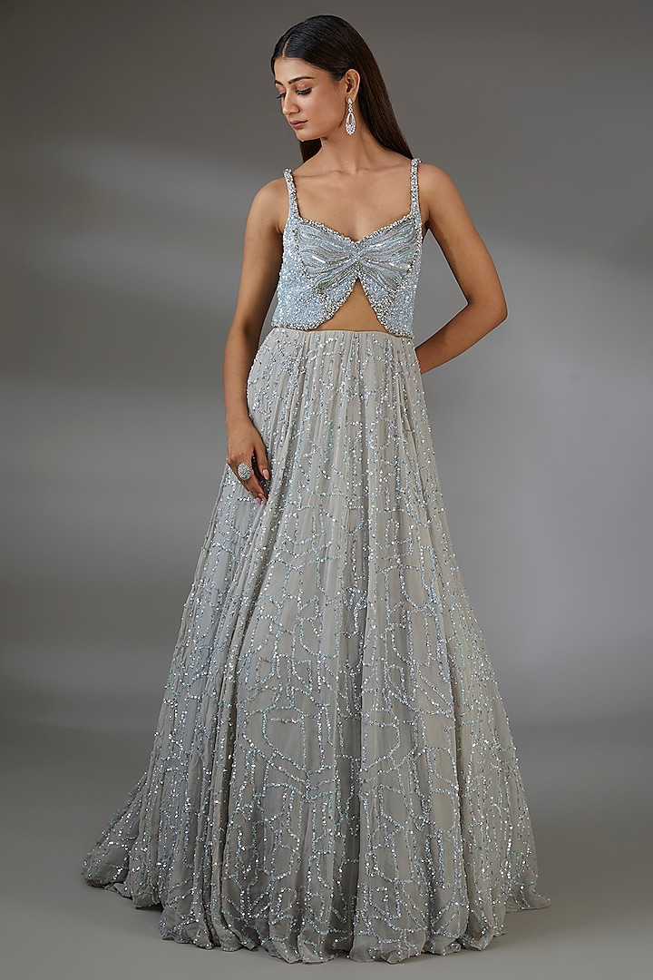 Silver Italian Tulle Embellished Gown by Bhawna Rao at Pernia's Pop Up Shop