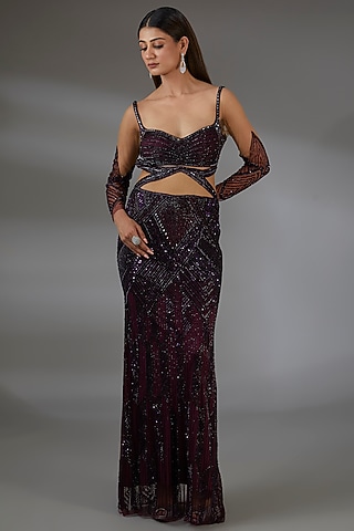 Aubergine Italian Tulle Crystal Hand Embroidered Gown by Bhawna Rao