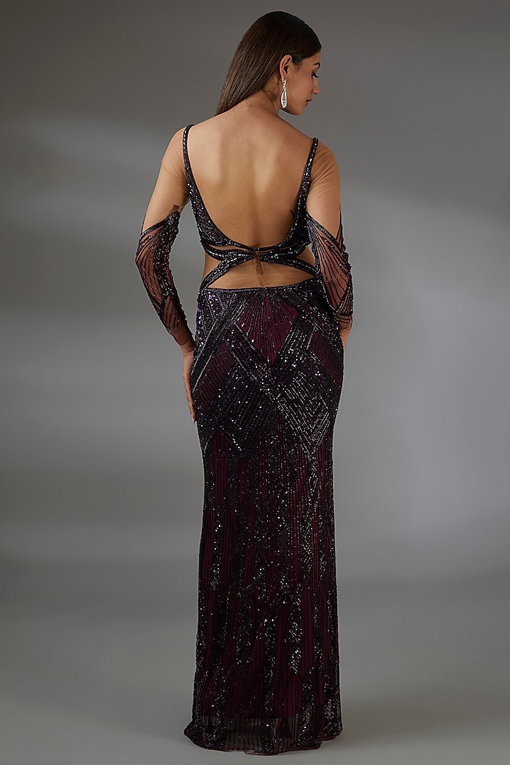 Aubergine Italian Tulle Crystal Hand Embroidered Wedding Gown by Bhawna Rao at Pernia's Pop Up Shop