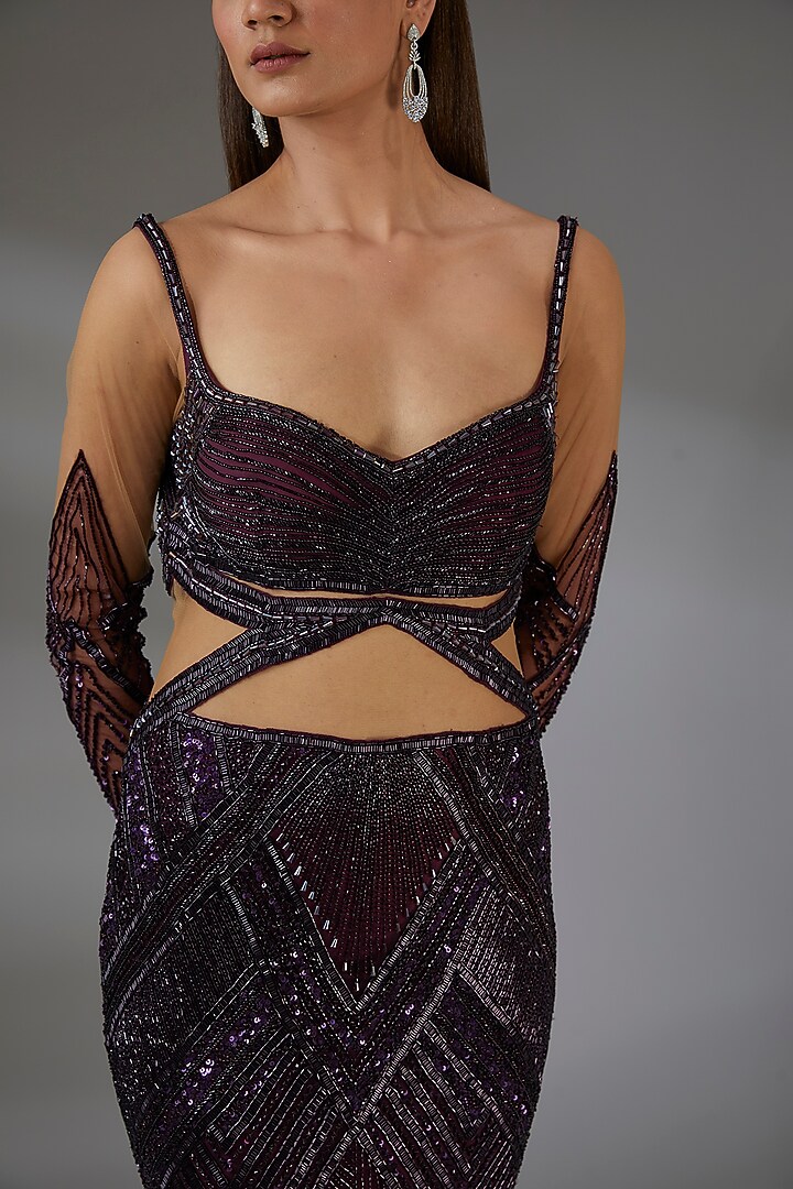 Aubergine Italian Tulle Crystal Hand Embroidered Wedding Gown by Bhawna Rao at Pernia's Pop Up Shop