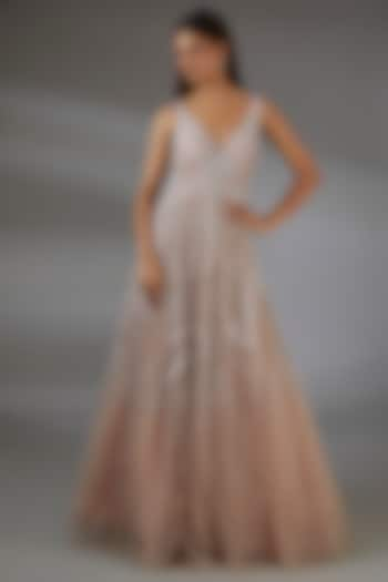 Pink Italian Tulle Bead Hand Embellished Gown by Bhawna Rao at Pernia's Pop Up Shop