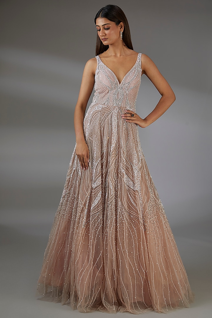 Pink Italian Tulle Bead Hand Embellished Gown by Bhawna Rao at Pernia's Pop Up Shop