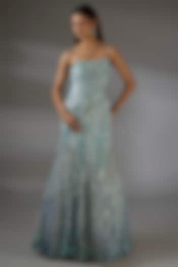 Pastel Blue Italian Tulle Swarovski Embellished Gown by Bhawna Rao at Pernia's Pop Up Shop