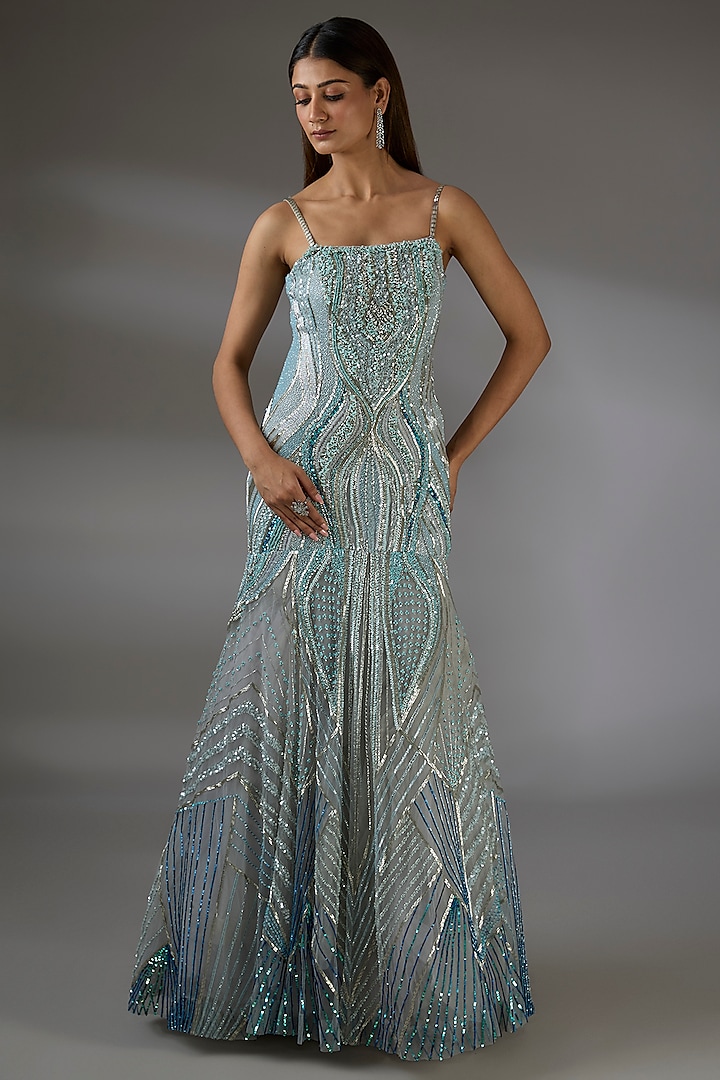 Pastel Blue Italian Tulle Swarovski Embellished Gown by Bhawna Rao at Pernia's Pop Up Shop