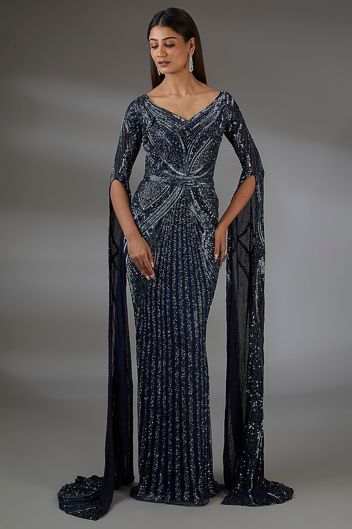 Navy Blue Italian Tulle Sequins Hand Embroidered Gown by Bhawna Rao