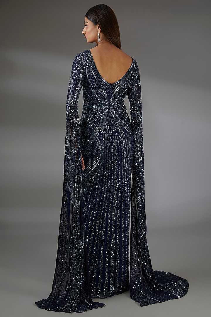 Navy Blue Italian Tulle Sequins Hand Embroidered Bridal Gown by Bhawna Rao at Pernia's Pop Up Shop