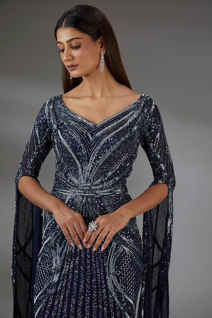 Navy Blue Italian Tulle Sequins Hand Embroidered Bridal Gown by Bhawna Rao at Pernia's Pop Up Shop