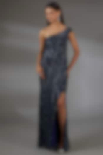 Navy Blue Italian Tulle Sequins Hand Embroidered One-Shoulder Gown by Bhawna Rao at Pernia's Pop Up Shop