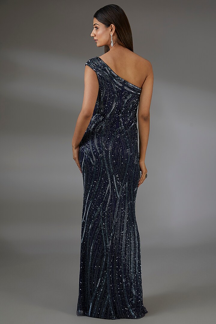 Navy Blue Italian Tulle Sequins Hand Embroidered One-Shoulder Wedding Gown by Bhawna Rao at Pernia's Pop Up Shop
