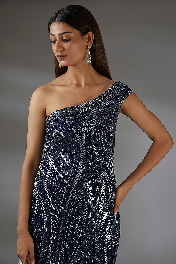 Navy Blue Italian Tulle Sequins Hand Embroidered One-Shoulder Wedding Gown by Bhawna Rao at Pernia's Pop Up Shop