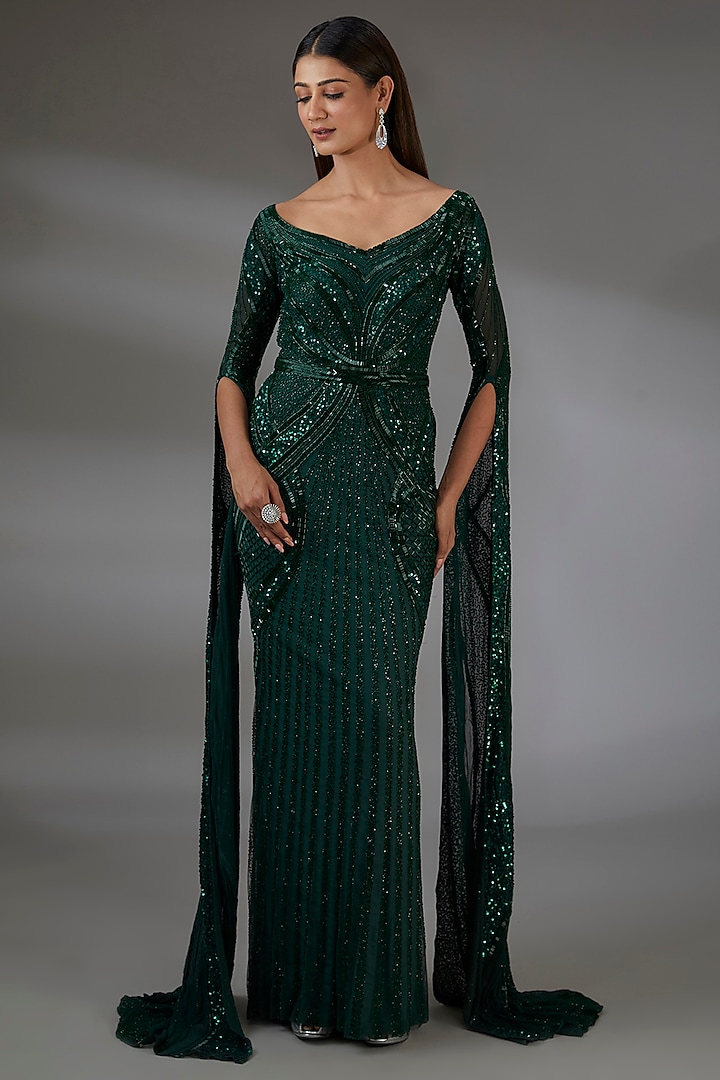 Green Italian Tulle Sequins Hand Embroidered Gown by Bhawna Rao at Pernia's Pop Up Shop