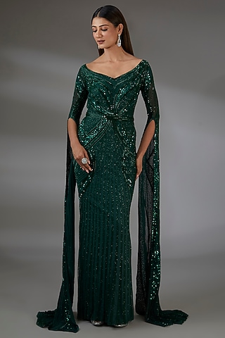 Green Italian Tulle Sequins Hand Embroidered Gown by Bhawna Rao