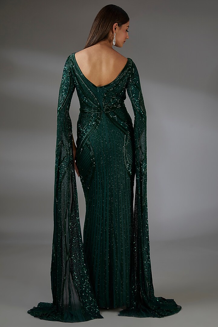 Green Italian Tulle Sequins Hand Embroidered Bridal Gown by Bhawna Rao at Pernia's Pop Up Shop