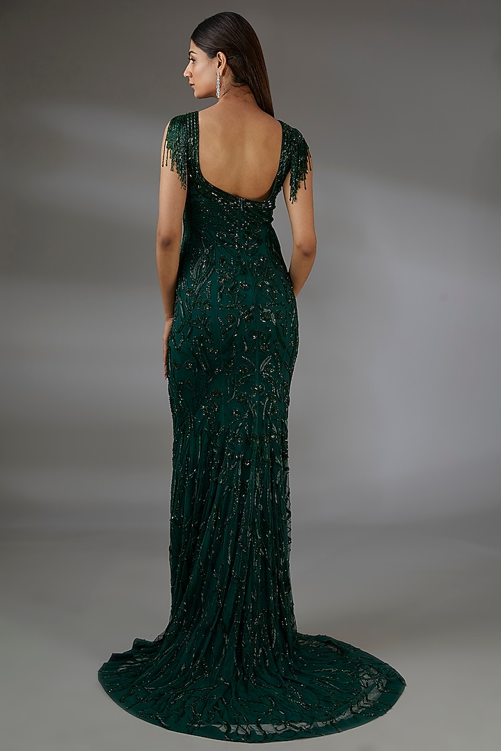 Emerald Green Italian Tulle Embroidered Bridal Gown by Bhawna Rao at Pernia's Pop Up Shop