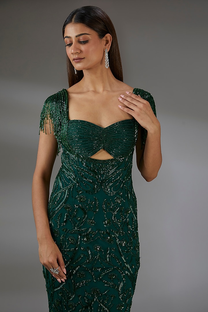 Emerald Green Italian Tulle Embroidered Bridal Gown by Bhawna Rao at Pernia's Pop Up Shop