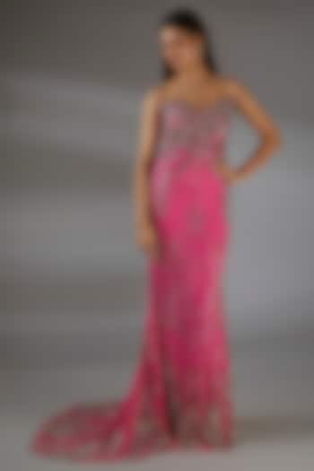 Hot Pink Italian Tulle 3D Floral Hand Embroidered Gown by Bhawna Rao at Pernia's Pop Up Shop