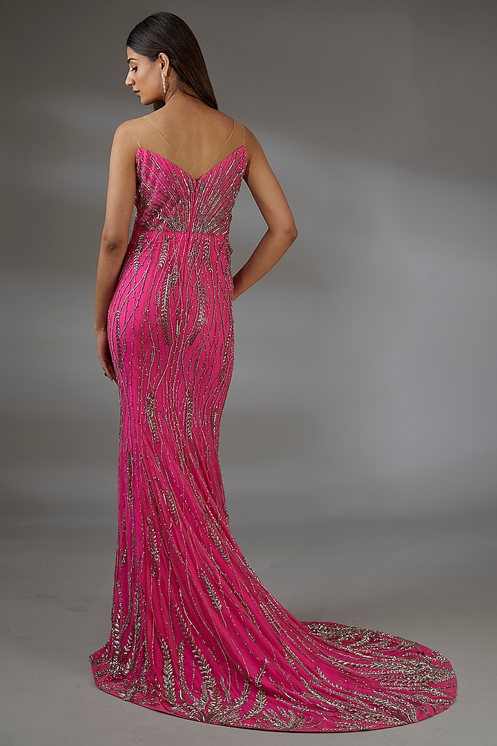 Hot Pink Italian Tulle 3D Floral Hand Embroidered Bridal Gown by Bhawna Rao at Pernia's Pop Up Shop