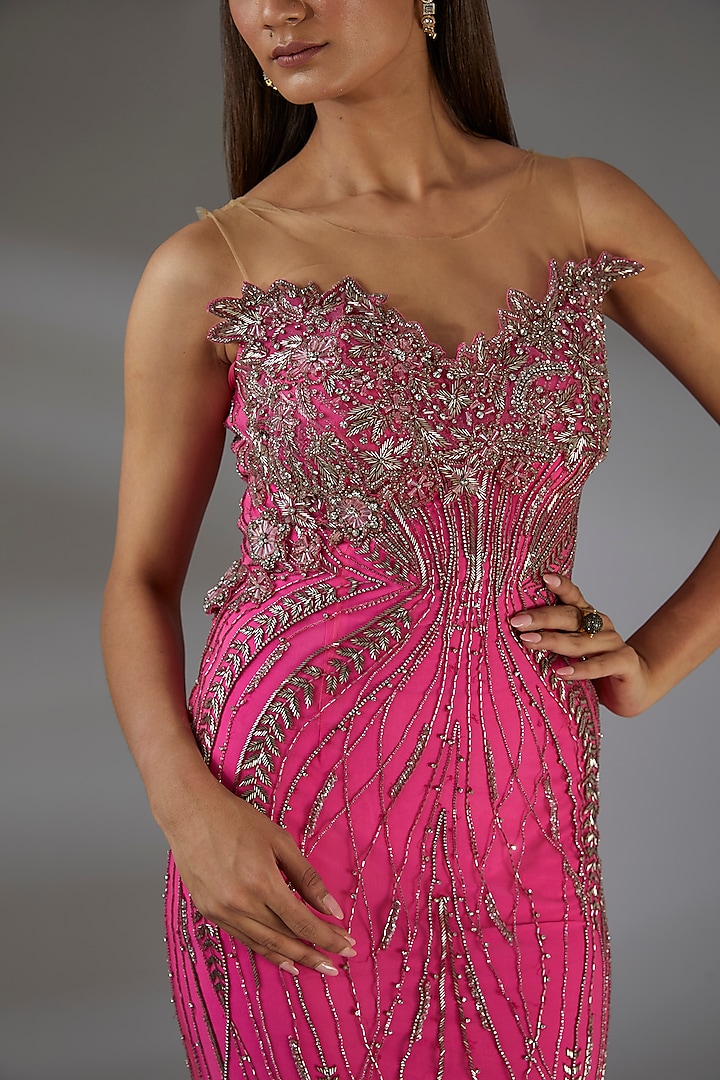 Hot Pink Italian Tulle 3D Floral Hand Embroidered Bridal Gown by Bhawna Rao at Pernia's Pop Up Shop