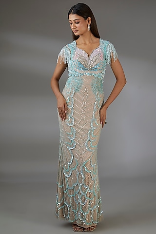 Multi-Colored Italian Tulle Bead Embroidered Gown by Bhawna Rao