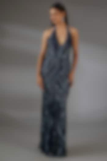 Navy Blue Italian Tulle Crystal Embroidered Halter Gown by Bhawna Rao at Pernia's Pop Up Shop