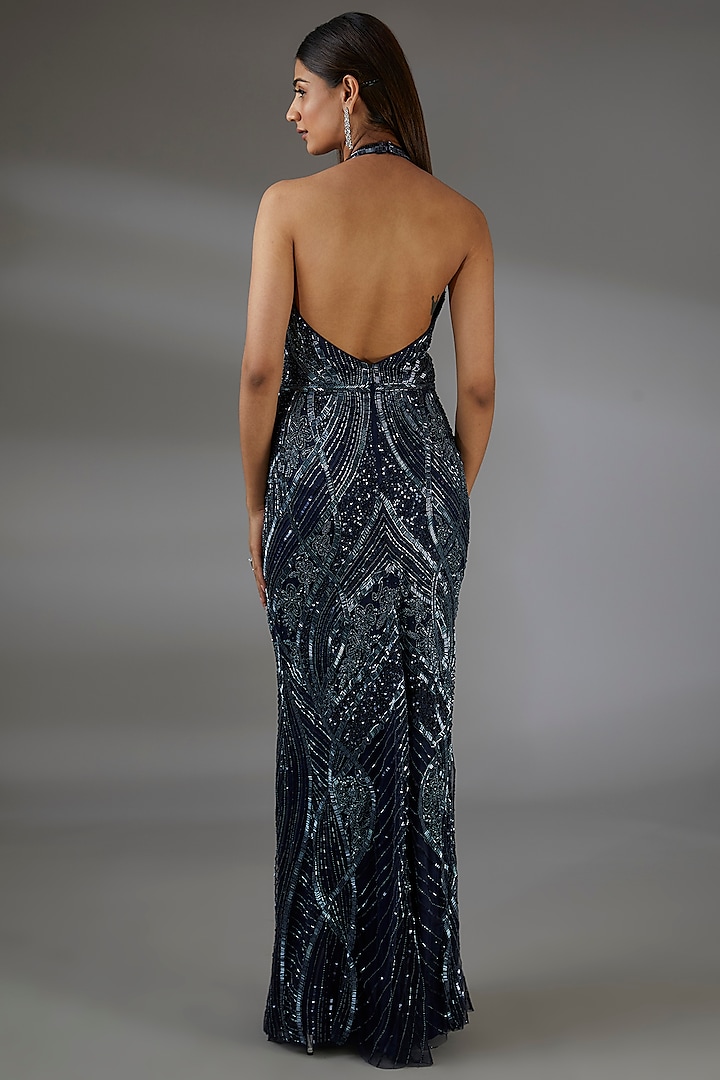 Navy Blue Italian Tulle Crystal Embroidered Halter Wedding Gown by Bhawna Rao at Pernia's Pop Up Shop