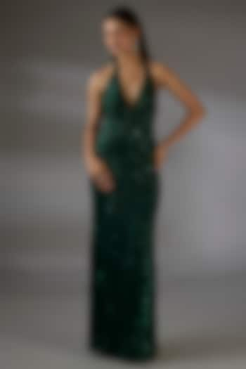 Emerald Green Italian Tulle Crystal Embroidered Halter Gown by Bhawna Rao at Pernia's Pop Up Shop