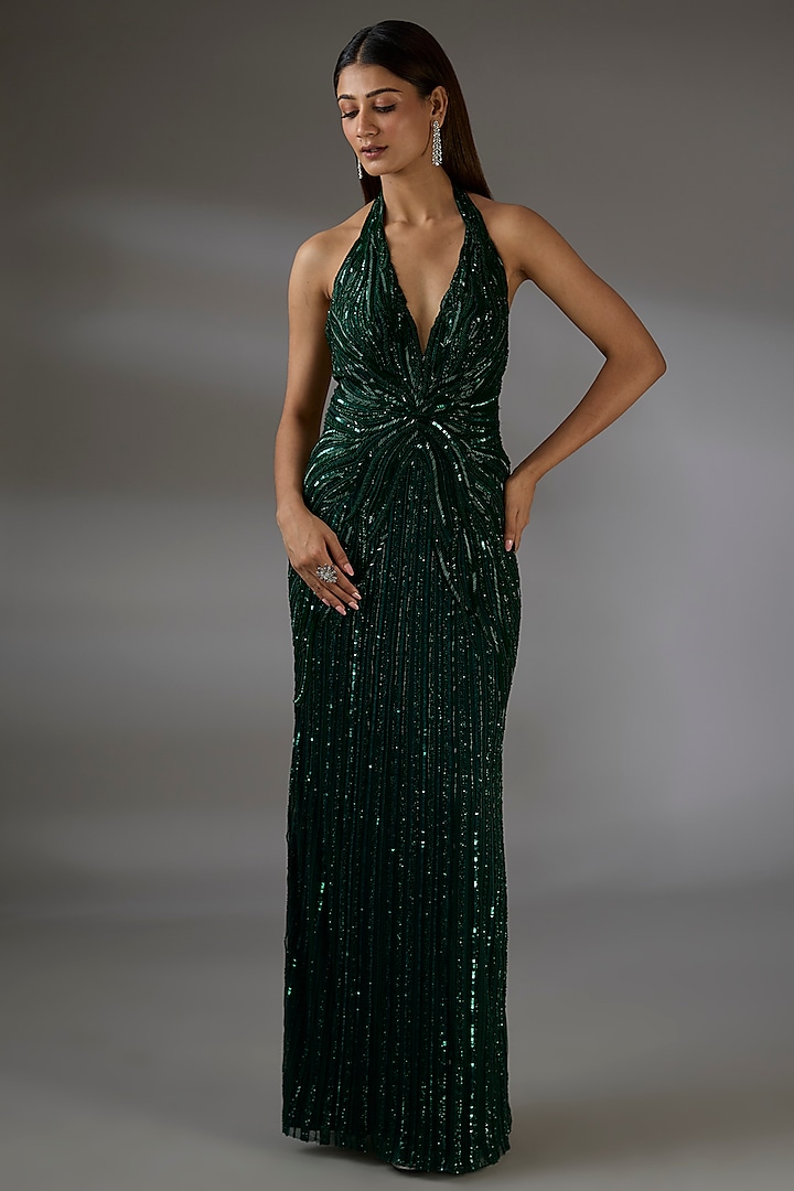 Emerald Green Italian Tulle Crystal Embroidered Halter Gown by Bhawna Rao at Pernia's Pop Up Shop