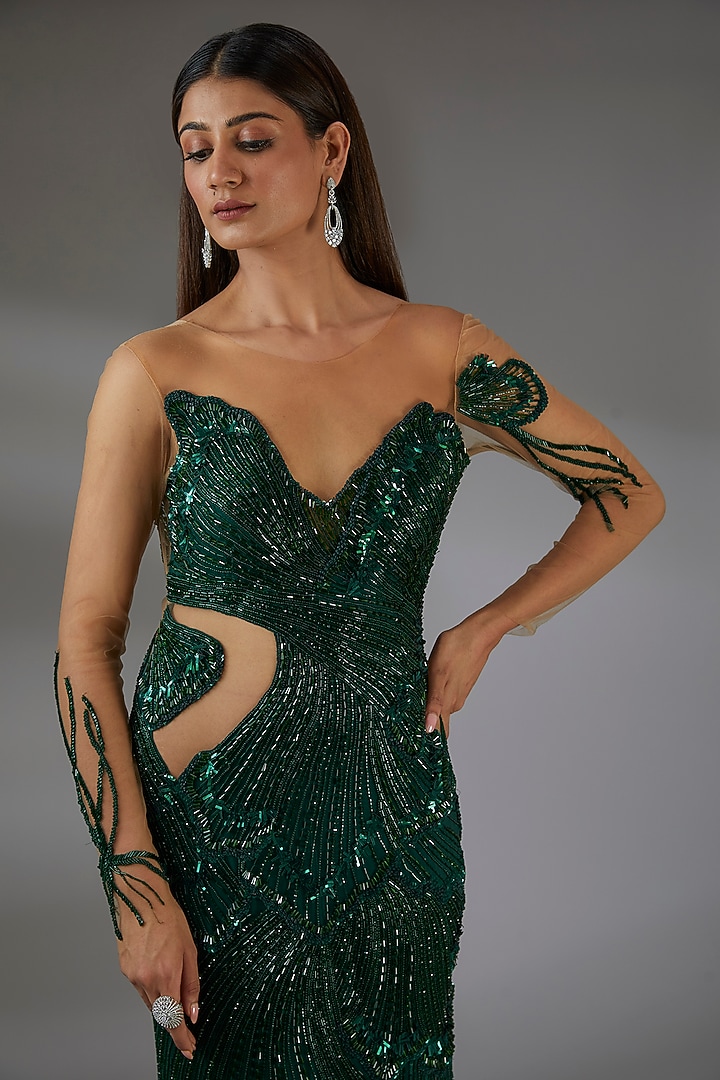 Emerald Green Italian Tulle Hand Embroidered Wedding Gown by Bhawna Rao at Pernia's Pop Up Shop