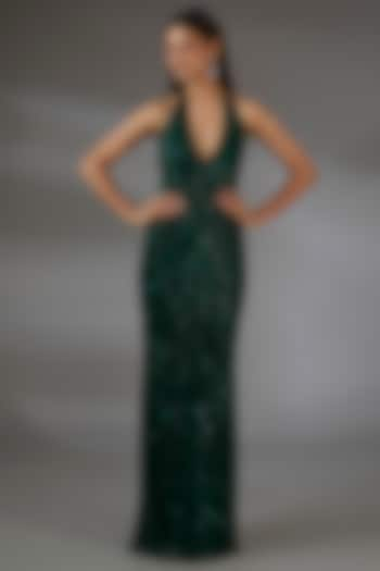 Emerald Green Italian Tulle Crystal Embroidered Halter Gown by Bhawna Rao at Pernia's Pop Up Shop