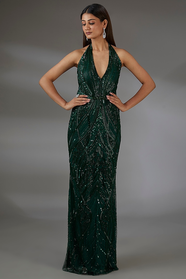 Emerald Green Italian Tulle Crystal Embroidered Halter Gown by Bhawna Rao at Pernia's Pop Up Shop