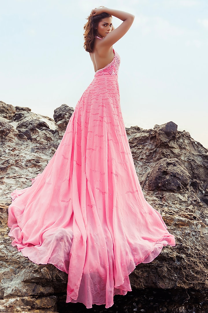 Hot Peach Pink Italian Tulle Glass Bead Embroidered Bridal Gown With Skirt by Bhawna Rao at Pernia's Pop Up Shop